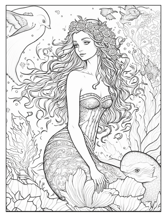 Mythical Mermaids Fantasy Coloring Book | Printable Mermaid Art Pages | Relaxing Adult Coloring Gift | Instant Download