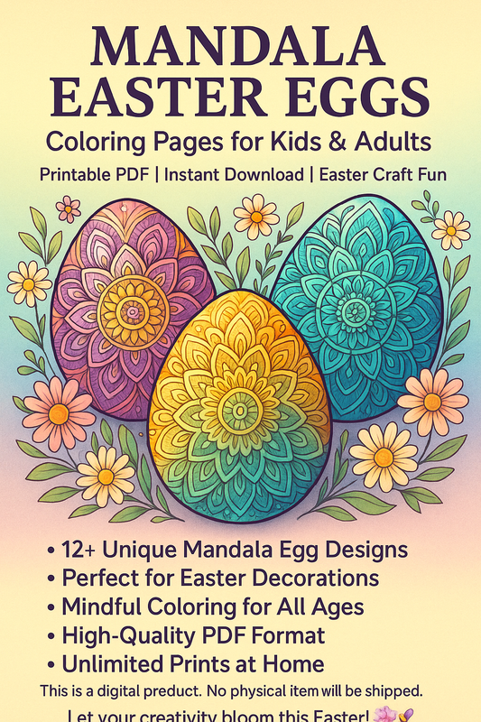 Printable Mandala Easter Eggs Coloring Pages – Digital Download for Kids & Adults – Easter Crafts Activity